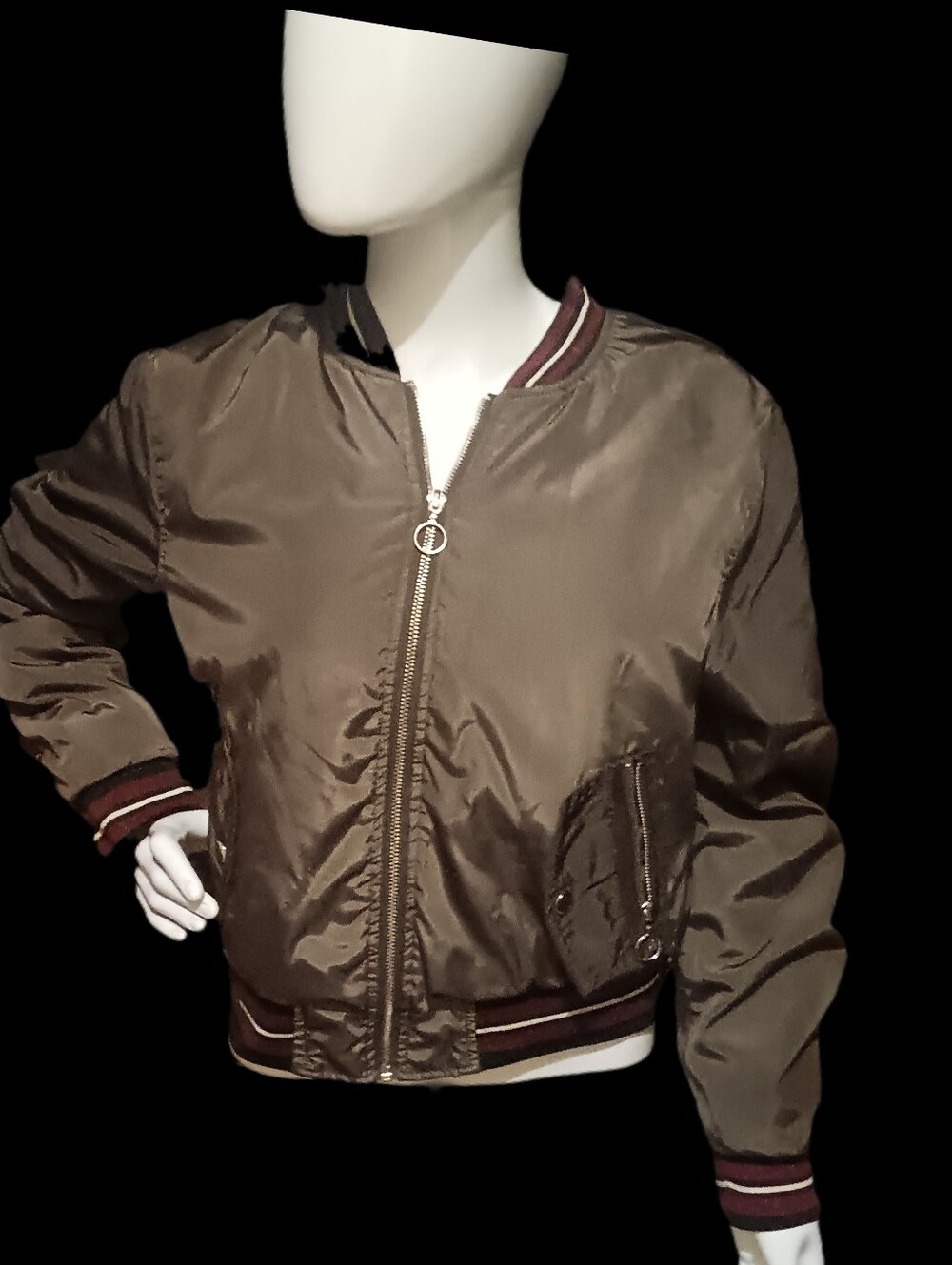 NOW $5..Juniors Olive Bomber Jacket with Stripe Trim